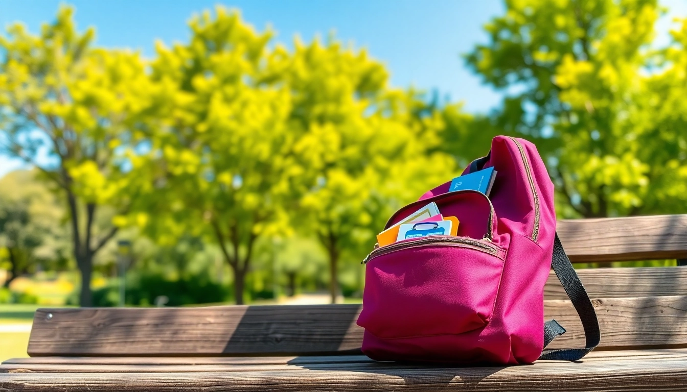 Revealing the mochila vans morada with school supplies in a tranquil park setting