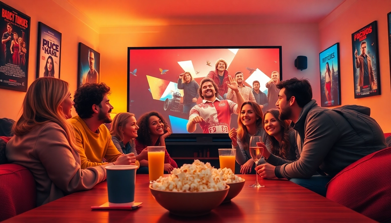Enjoy filme online gratis as friends gather for a cozy movie night with snacks and excitement.