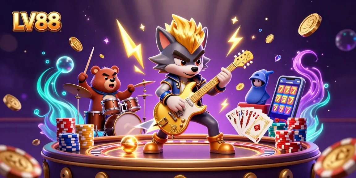 Experience the excitement of LV88 with a vibrant casino scene featuring a rock star wolf and lively gaming elements.