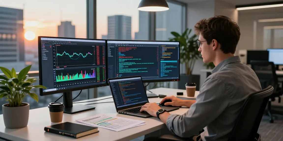 Trader using MetaTrader 5 in a modern office, analyzing forex charts.