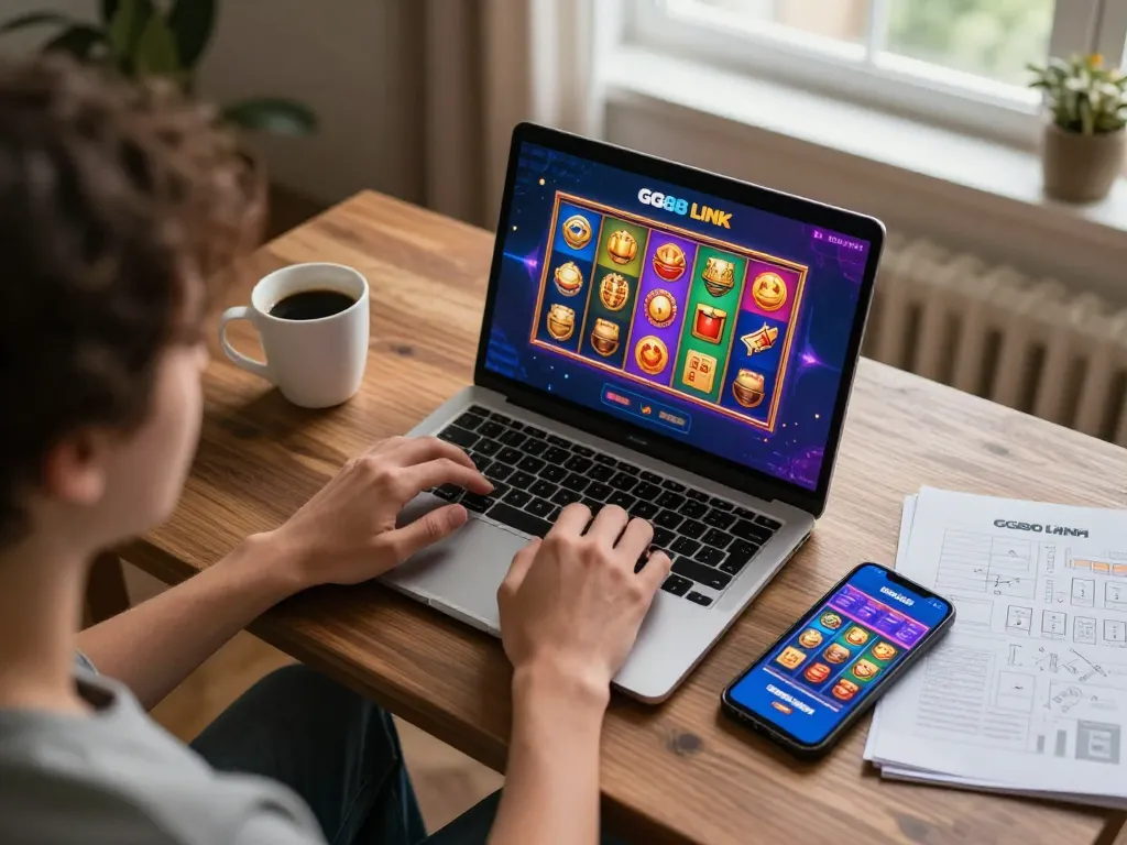 Engaging gameplay on GG88 slot Link interface showing vibrant slots in action, a cozy home gaming scene.