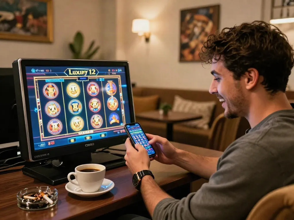 Engaging player enjoying luxury12 slot games in a cozy lounge setting.