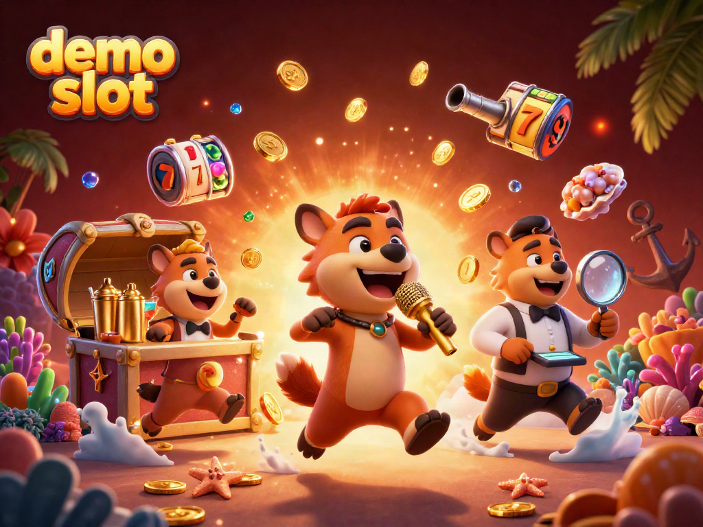 A lively scene featuring a demo slot-themed comedy casino with hyenas serving drinks and checking IDs.