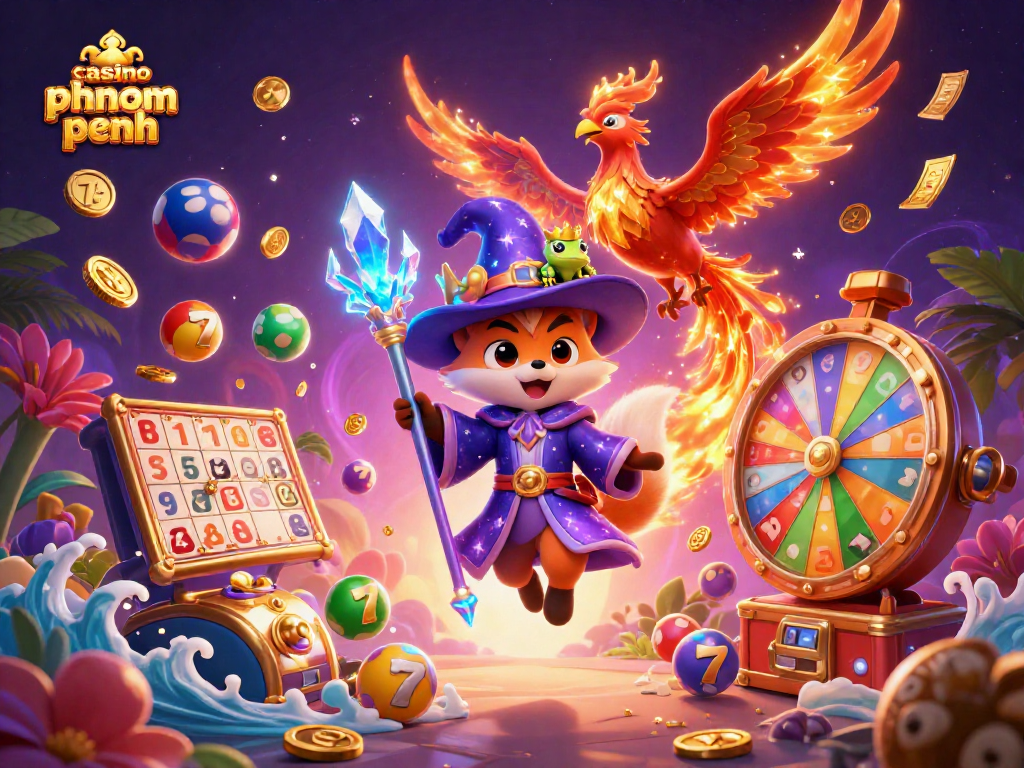 Engaging scene showcasing casino phnom penh with a mystical wizard fox, phoenix, and vibrant game elements
