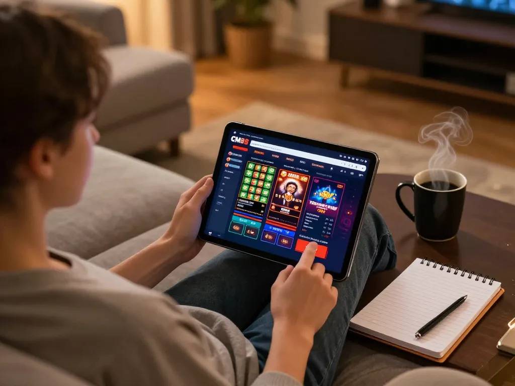 Engaging scene of online gaming on CM88 TRANG CHỦ with a tablet, showcasing a comfortable home setup.