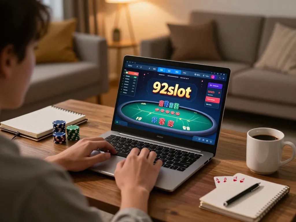 Engaging in online gaming at 92slot, a comfortable home setup showing poker chips and strategic notes.