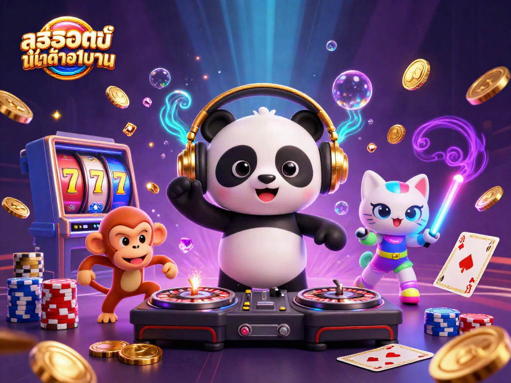 Cascade of golden coins and gems surround DJ panda, breakdancing monkey, and glowing kitten in vibrant casino scene showcasing สล็อตฝากขั้นต่ำ1บาท.