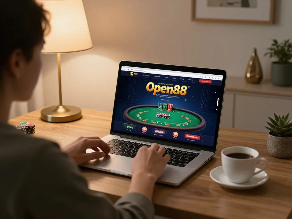 Player enjoying an online game at open88, focused on poker strategy with a laptop in a cozy setting.