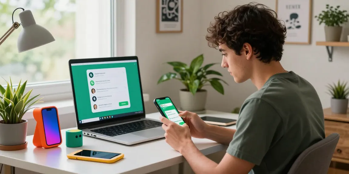 Engaging scene of a user interacting with the GB WhatsApp APK on their smartphone in a cozy home office.