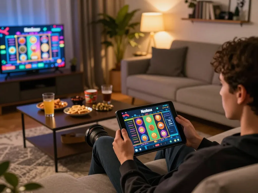Playing Nohu online slot games on a cozy couch, enjoying a strategic gaming session at home