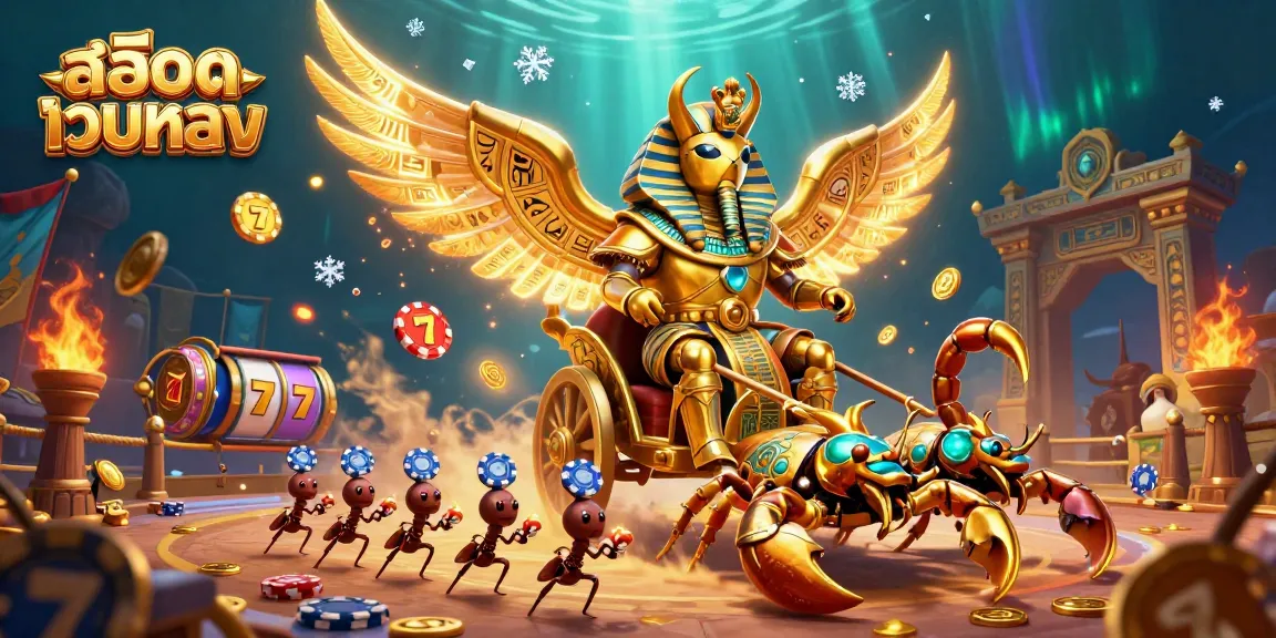 Experience the thrill of สล็อตเว็บตรง slots with a dynamic 3D scene illustrating a golden beetle and scorpions.