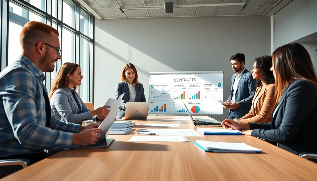 Professional meeting discussing Federal and State contracts in a modern office setting.