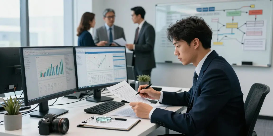 Detailed asset tracing analysis with professional investigator in modern office.