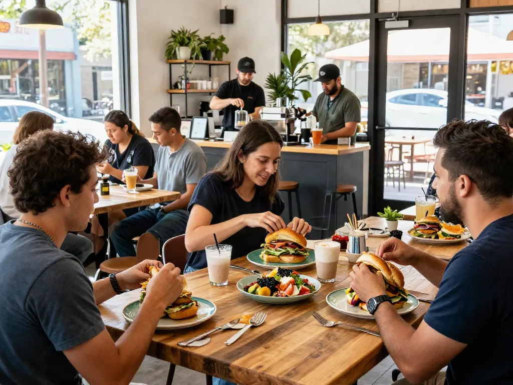 Enjoying the best brunch in Austin with NYC-inspired breakfast sandwiches and vibrant café atmosphere.