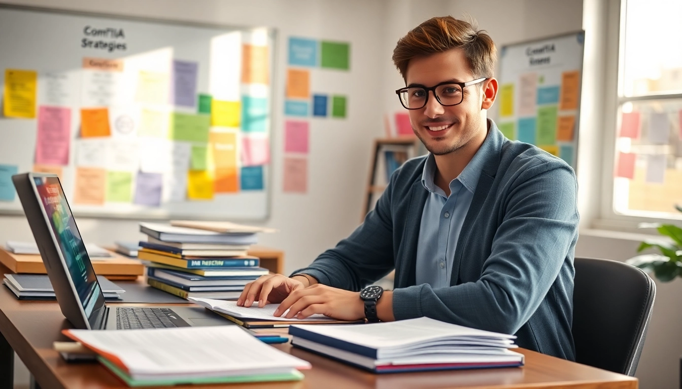 Engaging scene of a student studying for the CompTIA exam, illustrating focused CompTIA exam assistance.
