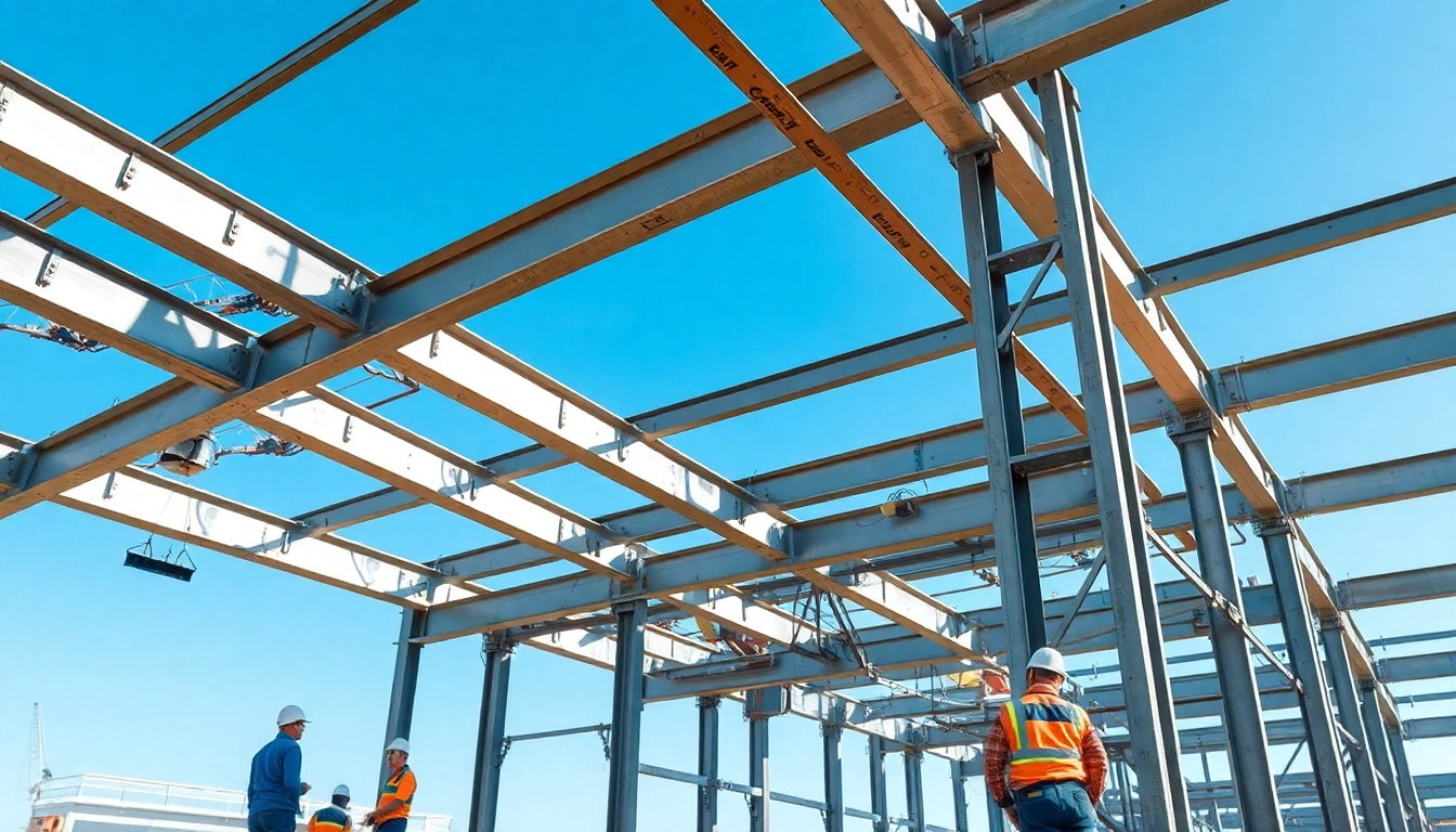 Showcasing a steel structure design at a construction site with skilled workers and metal beams.