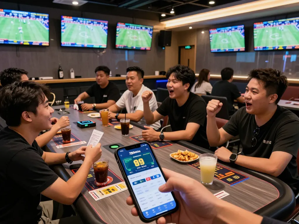 Watching live sports and placing bets on the 789win app in a lively sports betting lounge