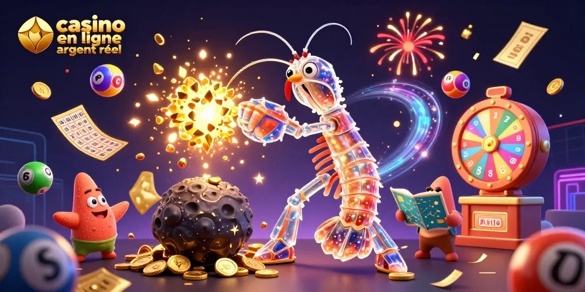 Profitez du casino en ligne argent réel en découvrant une illustration dynamique et festive de jeux de loterie.
