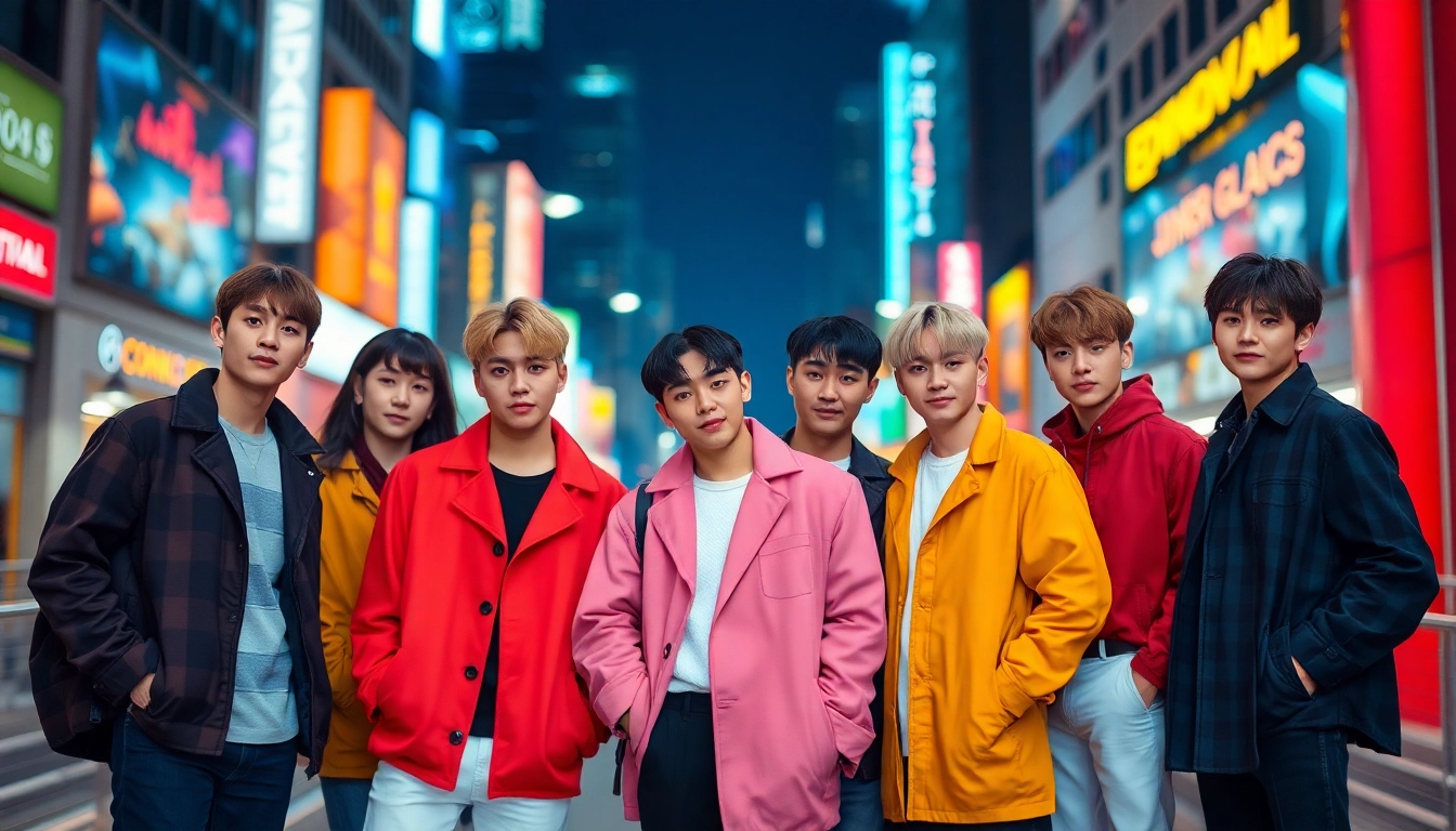 Capture the vibrant personalities of bts members posing in an urban setting.