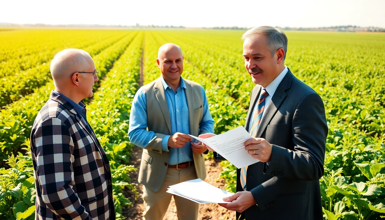Consulting agriculture lawyer assisting farming clients in a vibrant field.