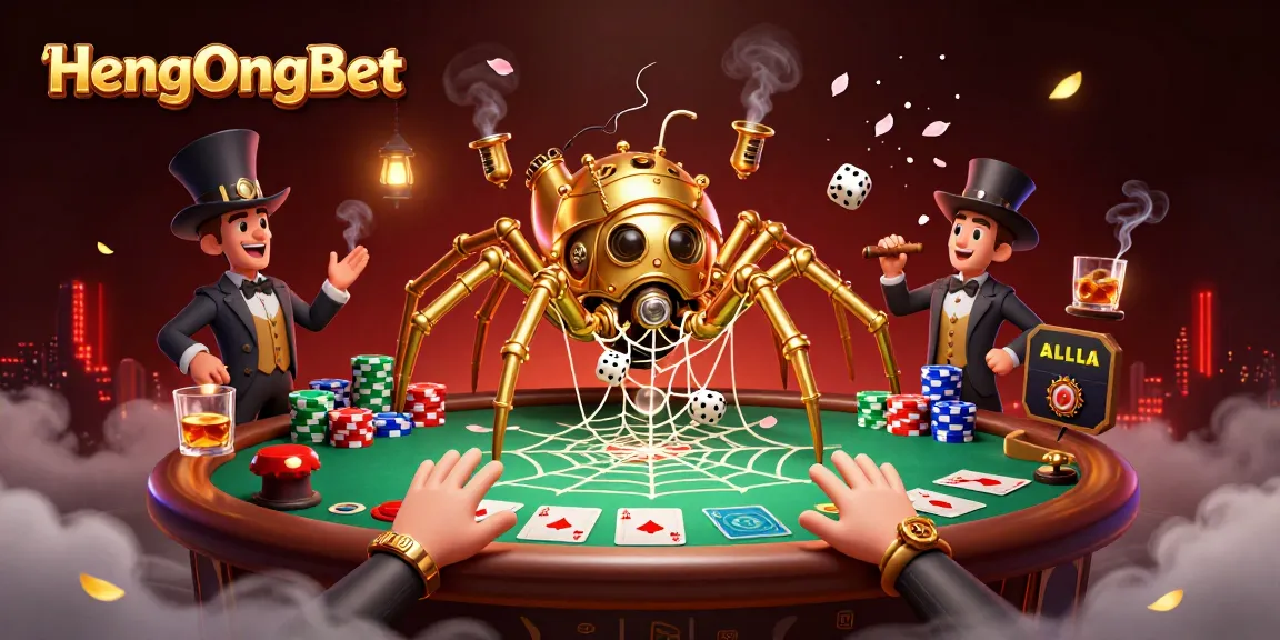 HengOngBet showcases an engaging steampunk spider and Victorian fly in a vibrant 3D casino scene.