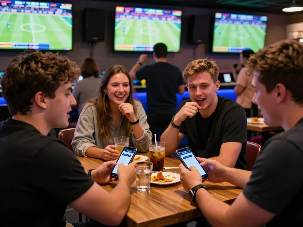 Placing bets on tg8 in a lively sports lounge with friends enjoying the game atmosphere.
