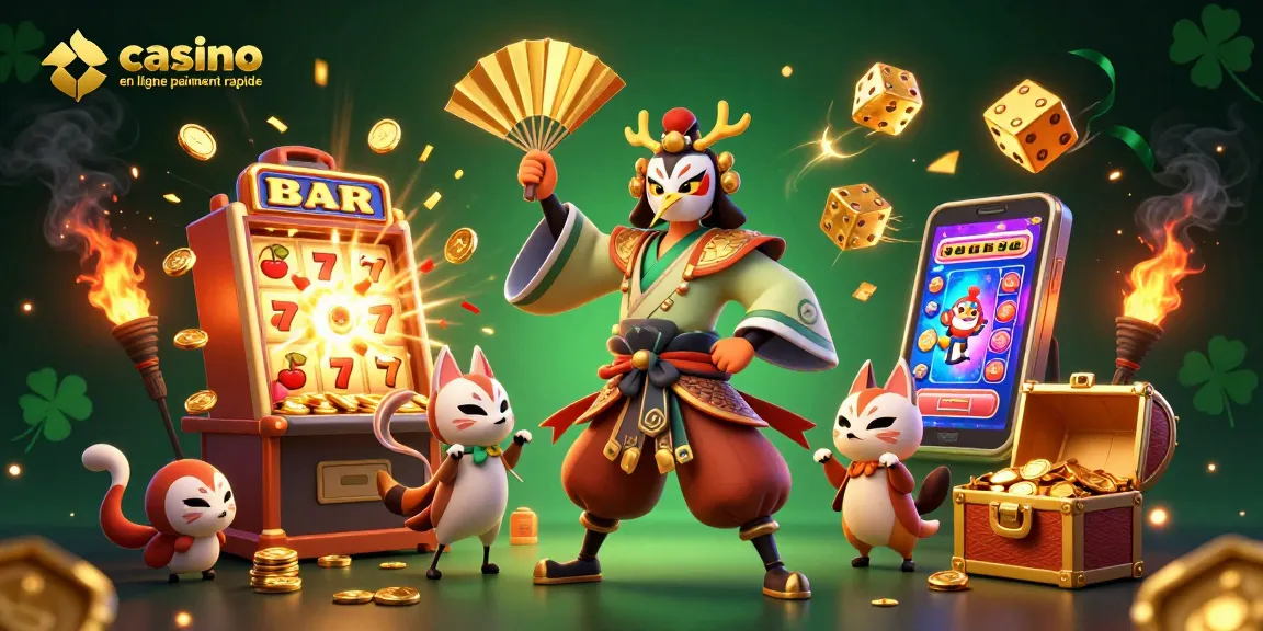 Découvrez les paiements rapides des casinos en ligne avec un guerrier kabuki et des éléments de jeux captivants.