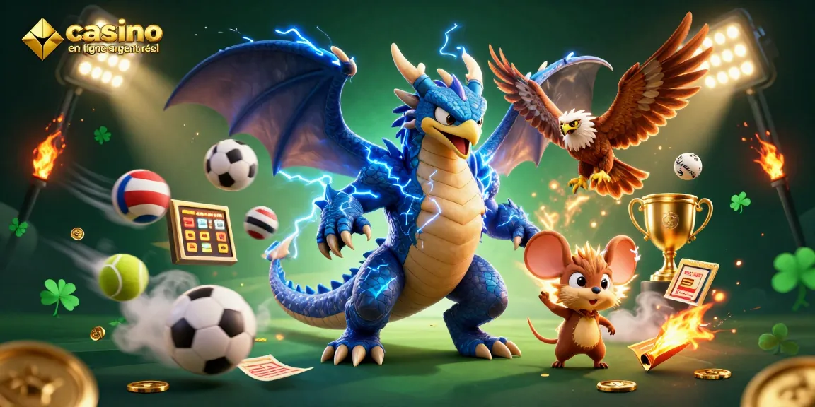 Visuel dynamique de casino en ligne argent réel avec personnages colorés et éléments de jeu captivants.