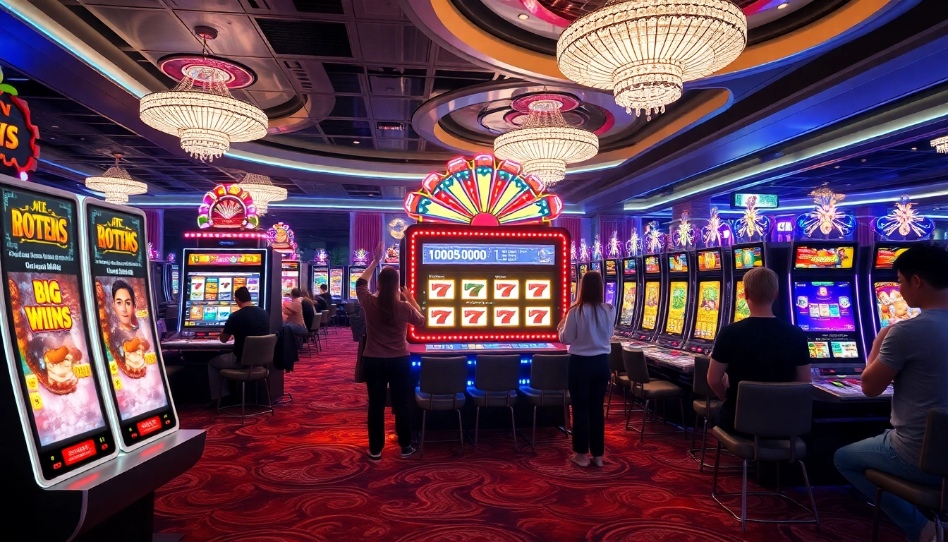 Experience the excitement of slot bet kecil as players engage with vibrant slot machines in a luxury casino.