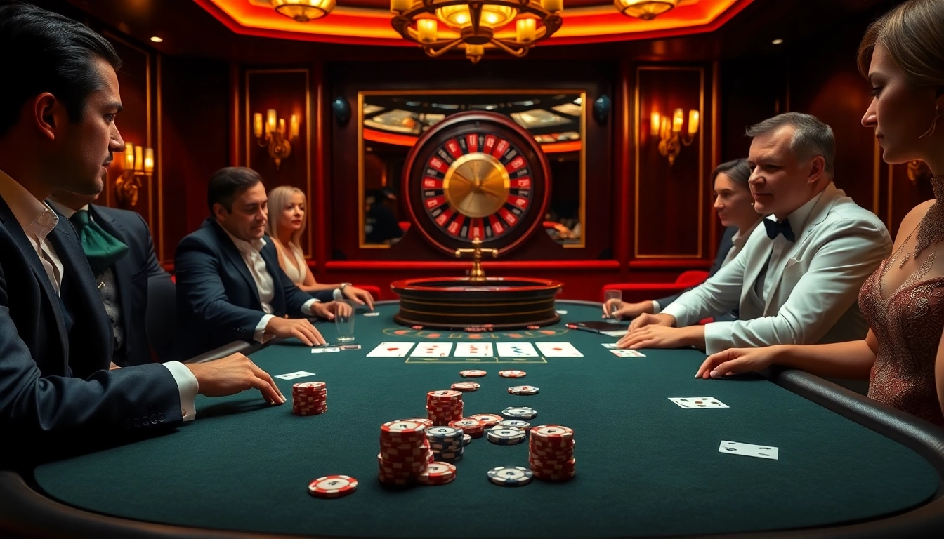 Experience thrilling poker action at MM88 casino with elegant players and vibrant game elements.