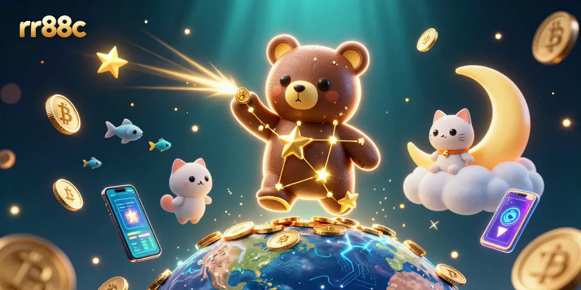 Win big at rr88c with vibrant characters and cryptocurrency elements in a dynamic casino scene.