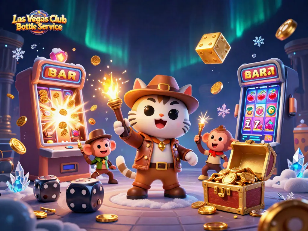 Experience Las Vegas Club Bottle Service with a vibrant 3D illustration of an explorer cat and monkey in a dazzling casino setting.