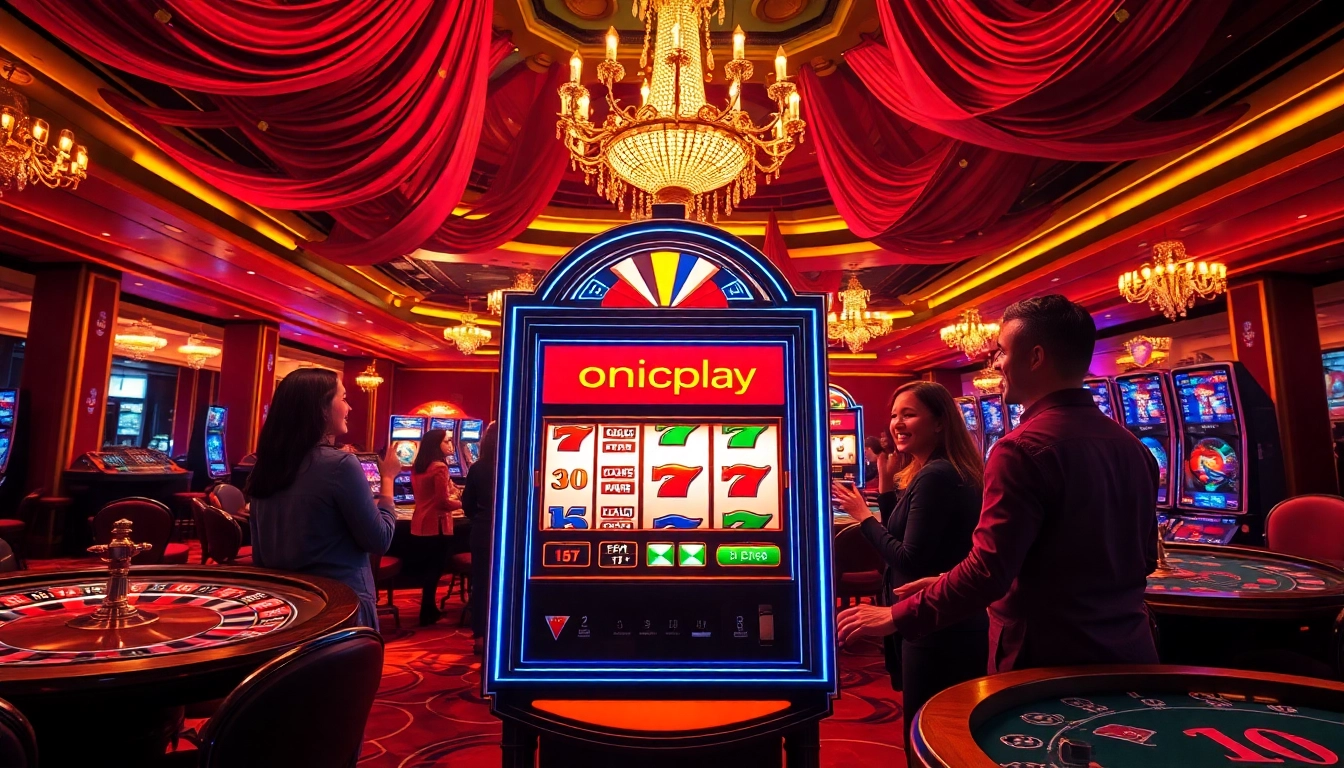 Winning players celebrate at the onicplay slot machine in a vibrant casino atmosphere filled with excitement.