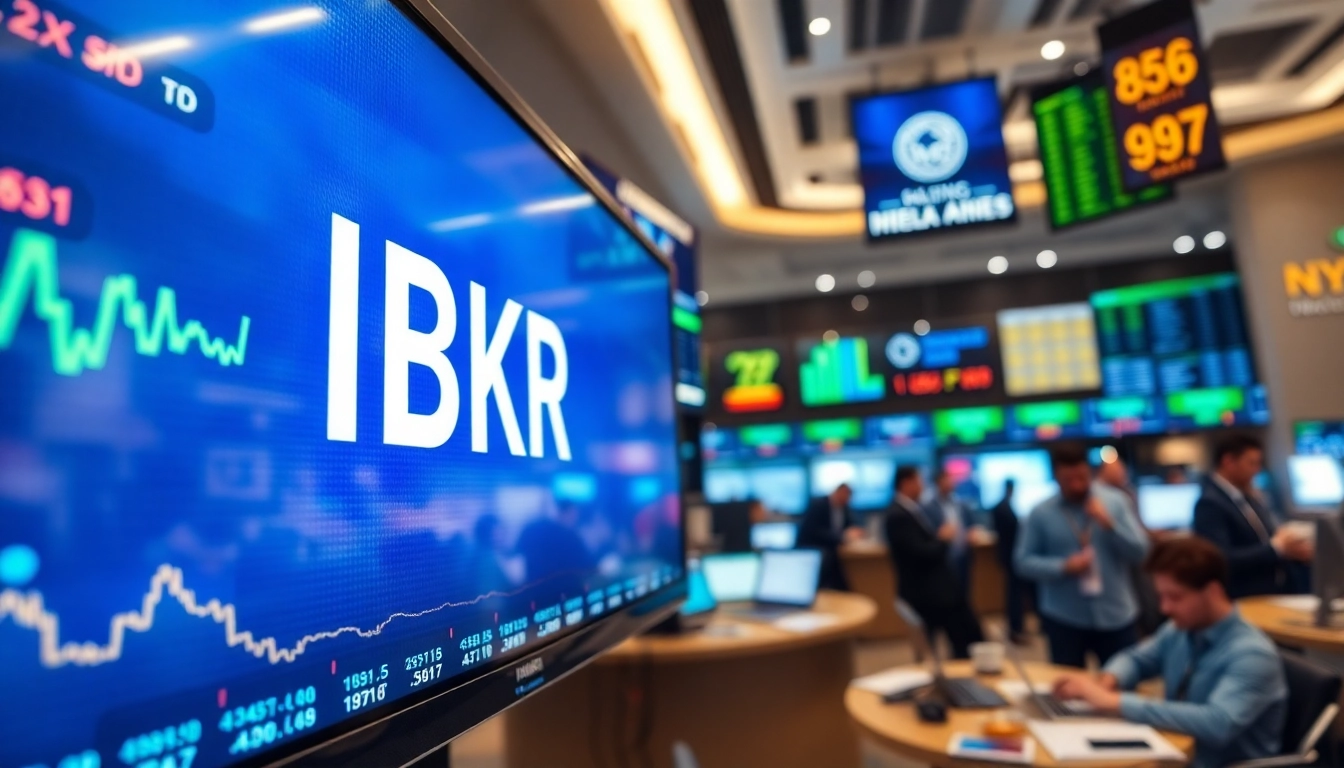 Visual representation of IBKR stock price on a digital trading screen amidst an energized trading floor.