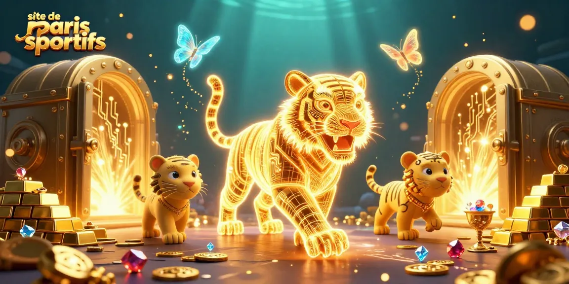 Pariez sur le site de paris sportifs, avec un tigre lumineux et des trésors brillants en arrière-plan.