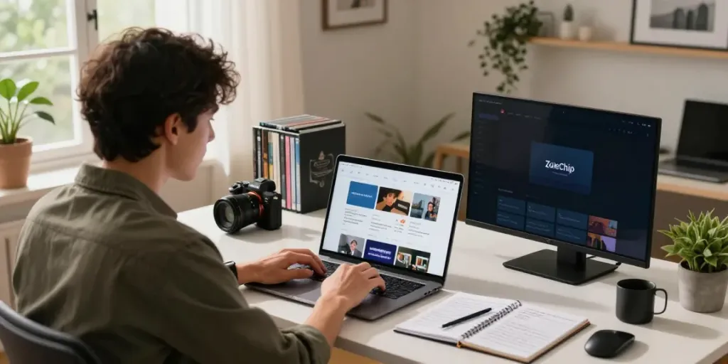ZoeChip research scene in a modern home office with a person studying streaming services.