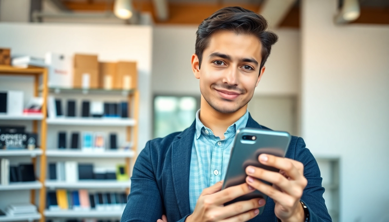 Sell my old phone for cash, showcasing a professional holding a smartphone in an office.