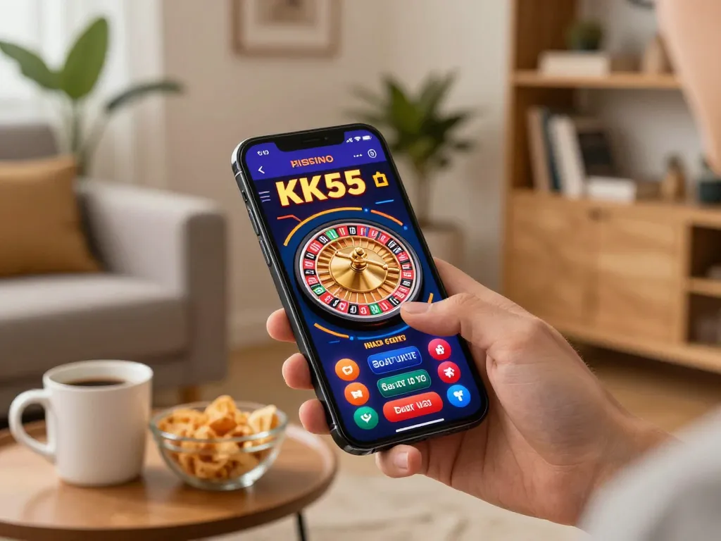 Player strategizing on KK55 app while enjoying a cozy home setting with snacks.
