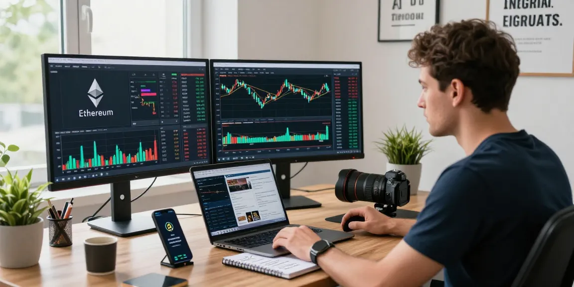 Real-time Ethereum price live displayed on trading screens in a modern office setting, showcasing the cryptocurrency market.