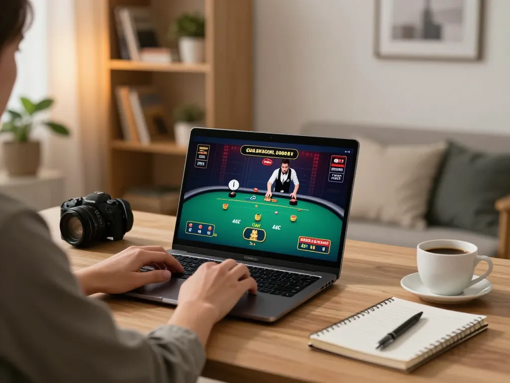 Engaging player at CM88 TRANG CHỦ poker game using laptop in a stylish home office.