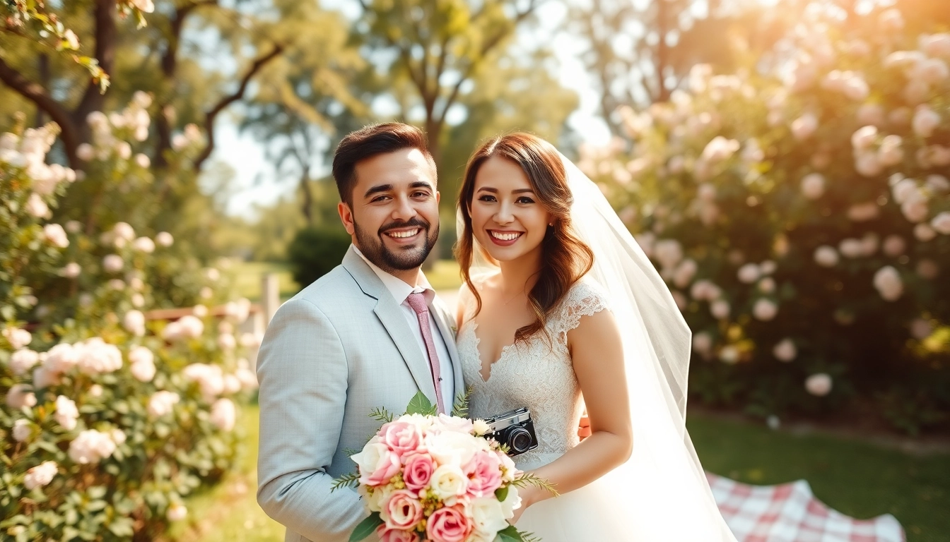 Photoshoot Tampa of a joyful couple in a lush garden during their wedding, capturing authentic moments.