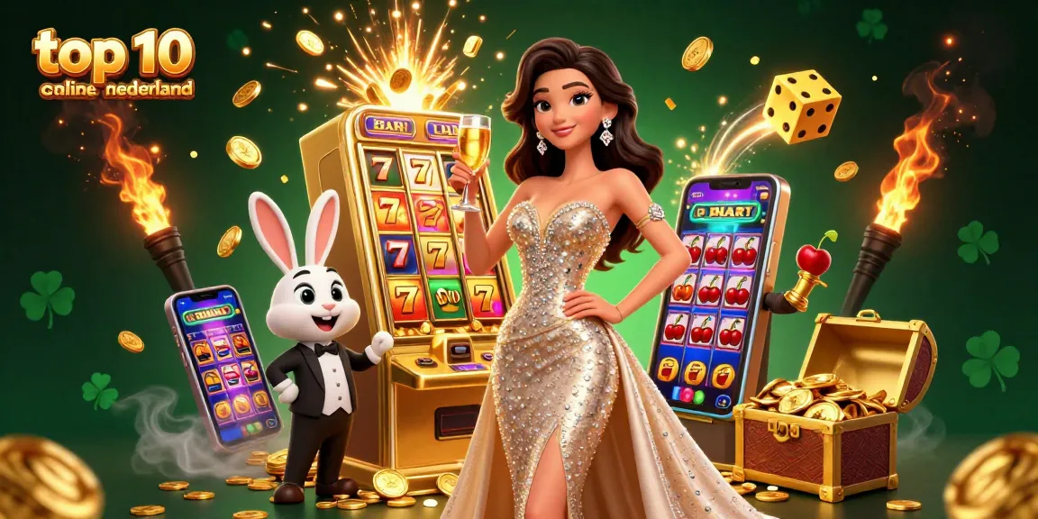 Celebrate winnings at the top 10 online casino nederland, featuring a glamorous atmosphere with a jackpot slot machine.
