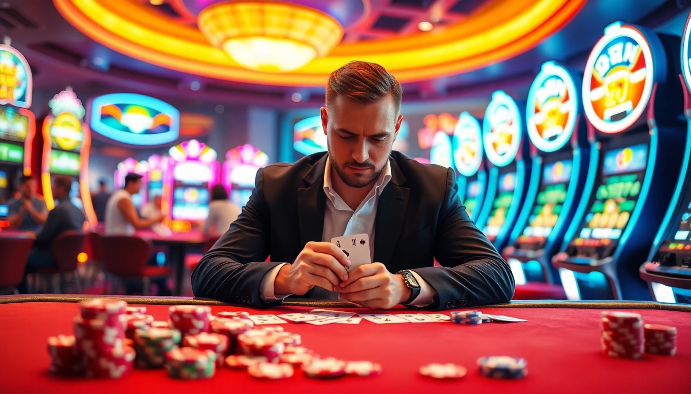 Engaging scene of a professional gambler at a non gamstop casino table, showcasing the excitement of gaming.