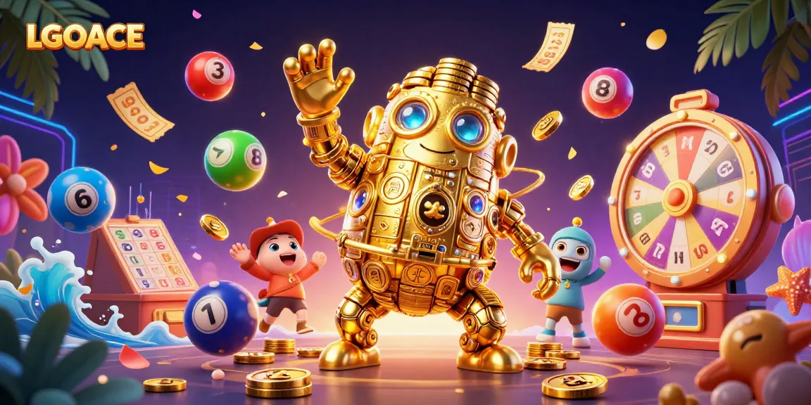 LGOACE promotes exciting gameplay with a vibrant scene of a golden golem, dynamic lottery elements, and money effects.