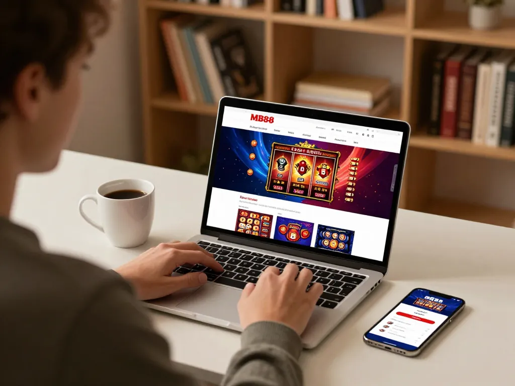 Engaging in online casino games on the MB88 platform with laptop and smartphone.