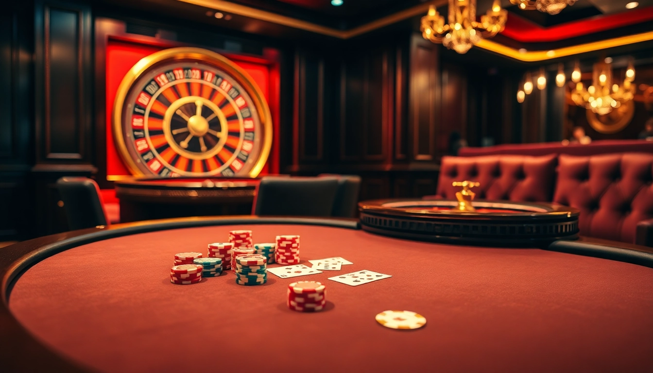 RR88 poker scene featuring colorful chips and cards on a luxurious casino table.