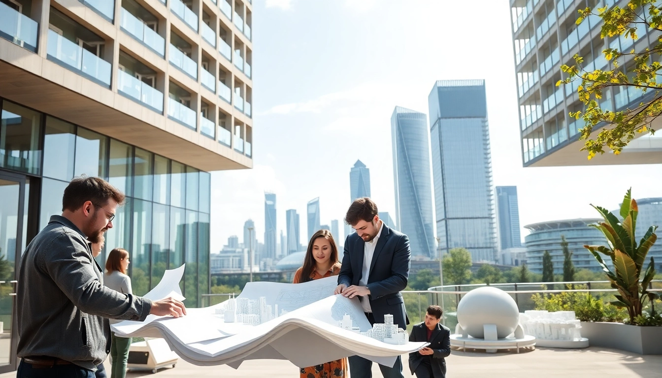 Architects collaborating at an architecture and engineering firm, showcasing teamwork and modern design concepts.