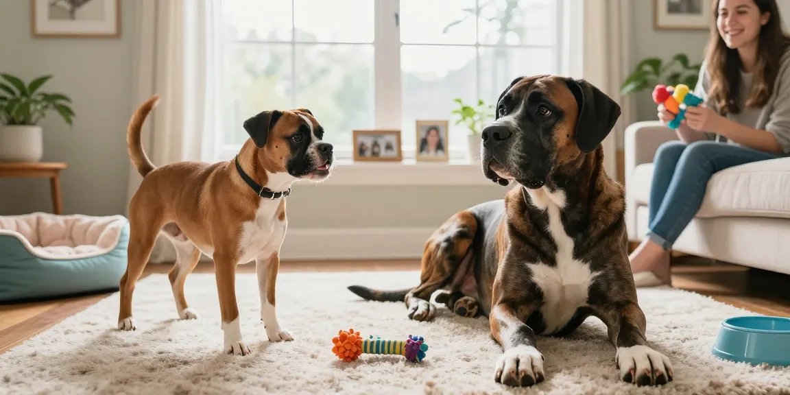 Joyful Boxer and Great Dane at home, showcasing https://indigoboxersndanes.com/ as pets thrive in comforting environments.