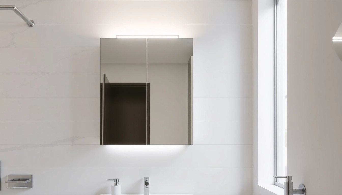 Showcase of a stylish bathroom cabinet with mirror and light complementing a modern space.