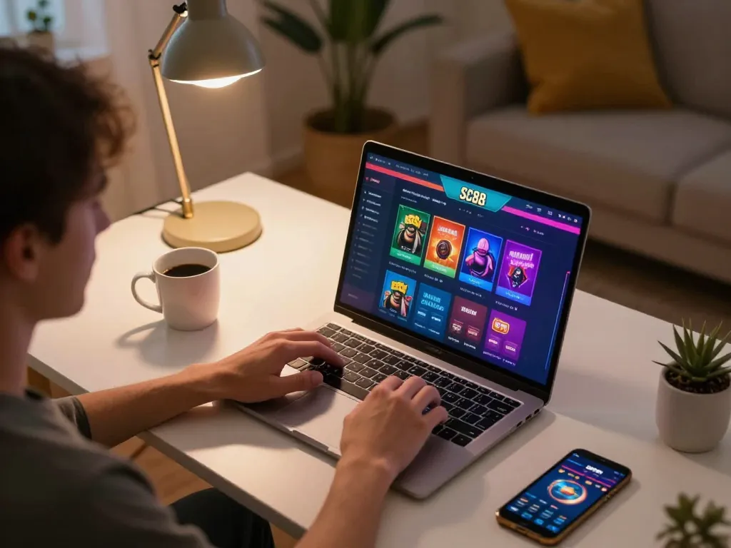 Players engaged in sc88 online gaming with vibrant interface on laptop, cozy home setting.